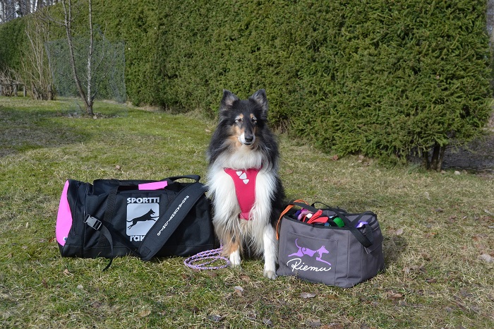 Riemu-collien vasemmalla Sporttirakin ProPakki ja oikealla Riemukaupan Riemu-treenikassi. Koiratreenikassi.