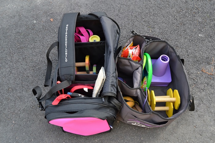 Kaksi erilaista koiraurheilukassia ylhäältä katsottuna: vasemmalla ProPakki ja oikealla Riemu-treenikassi. Koiratreenikassi.